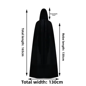 Size guide for black hooded cloak with 130cm length and 130cm width for Halloween
