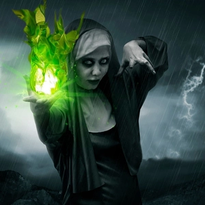 Creepy nun costume with black robe and veil featuring glowing green magic fire effects