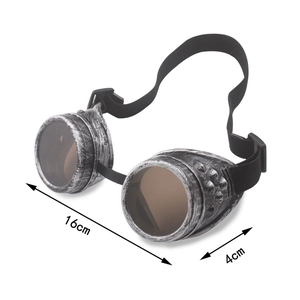 Detail view of silver steampunk goggles with 16cm width and adjustable elastic strap