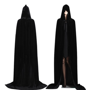 Detailed front and back view of long black hooded velvet cloak with tie neck closure