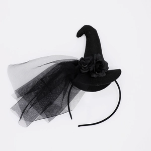 Gothic black lace witch hat headband with fabric roses and mesh veil for Halloween party