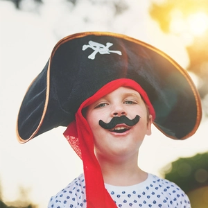 Kids pirate costume set with black skull hat, red bandana and fake mustache accessory