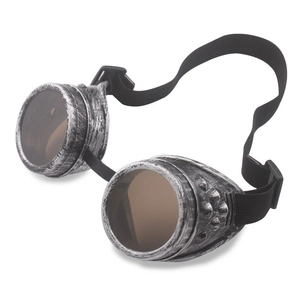 Steampunk vintage goggles with silver matte frame, rivet details and dark brown lenses
