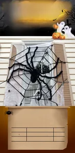 Detail showing plush black spider on a 1.5m and 2.5m white circular web decoration