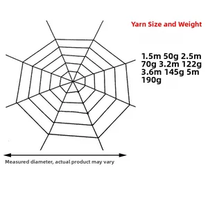 Size chart for Halloween round spider web decorations ranging from 1.5m to 5m in diameter