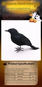 Realistic black feathered Halloween crow with detailed dimensions and material specs