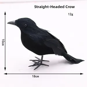Detailed view of realistic black feathered crow prop with size specs 18cm long and 10cm high