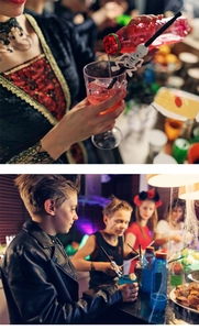 Detail of black Halloween straws with skull skeleton decor used in festive party settings