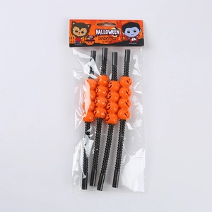 Detailed set of 4 Halloween straws with orange pumpkin beads in clear packaging