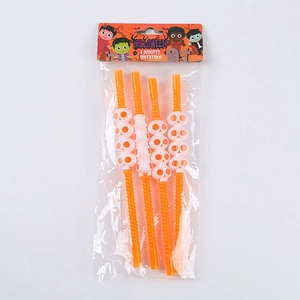 Set of 4 orange flexible Halloween straws with white skull decorations in packaging