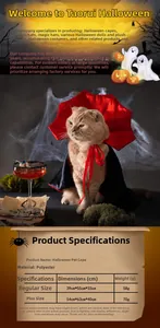 Detailed size chart for polyester Halloween pet cape with red and black collar specs