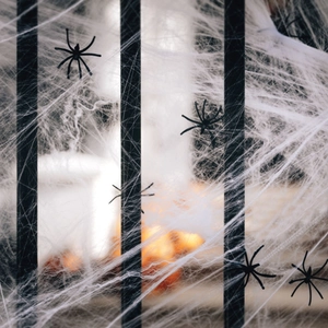 Halloween decorative white spider web with black spiders draped over a dark fence