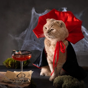 Classic red and black vampire pet cape for Halloween with a high collar on a cat