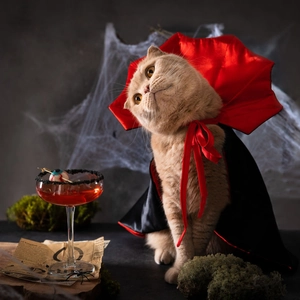 Detail of a vampire pet cape for cats with red lining and stand-up collar on a ginger cat