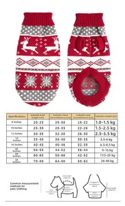 Detailed size chart for Christmas dog sweaters with measurements for neck, chest, and length