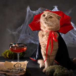 Detail of red and black satin vampire pet cape with high collar for Halloween cats and dogs