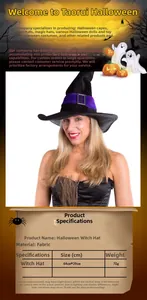 Detailed dimensions of black Halloween witch hat with purple sequins and silver buckle
