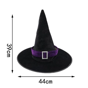 Detailed size view of black velvet witch hat with purple band and silver buckle