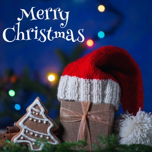 Close-up of a festive gift box with a red knitted Christmas hat and a gingerbread tree