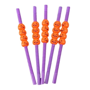 Halloween purple flexible straws set with orange pumpkin decorations for party drinks