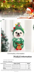 Detail view of pet Christmas costume set with green tree hat and reindeer bib