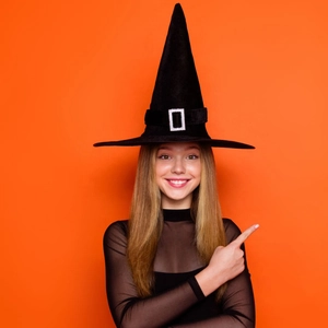 Classic black pointed witch hat featuring a silver rhinestone buckle and ribbon detail
