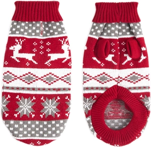 Detail of red Christmas pet sweater showing reindeer jacquard patterns and ribbed trims