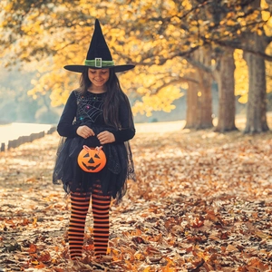 Kids Halloween witch costume set featuring black pointy hat and spider web tutu dress