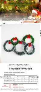 Size chart for Christmas tinsel wreaths with red bows showing diameters and weights