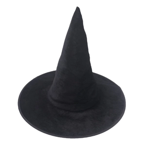 Detailed view of the velvet black wizard hat with wide brim for Halloween cosplay costumes