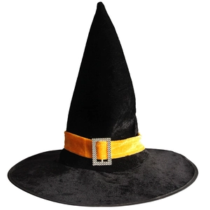 Close-up of black velvet witch hat with yellow strap and sparkling rhinestone buckle