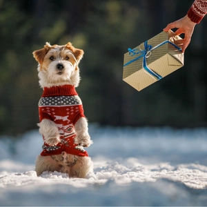 British style Christmas pet sweater with Nordic patterns on a snow-covered background