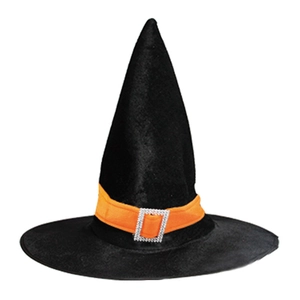 Close-up of black wizard hat featuring an orange decorative band with a silver rhinestone buckle