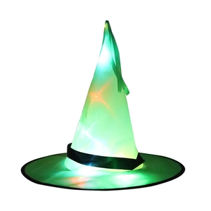 Detail of green LED glowing wizard hat showing colorful internal lights and fabric