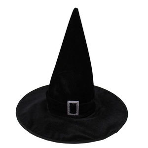 Detail of black velvet wizard hat with classic pointed crown and silver buckle accent