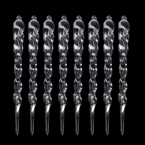 Set of 8 clear acrylic spiral icicle ornaments for Christmas tree decoration on black background
