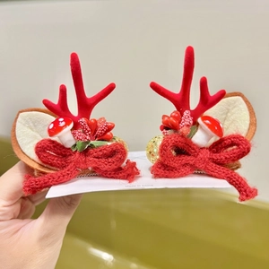 Cute Christmas reindeer antler hair clips with red mushroom and festive bow tie ornaments