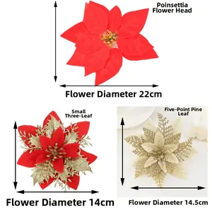 Detailed comparison of artificial poinsettia flower heads with gold glitter for Christmas decor