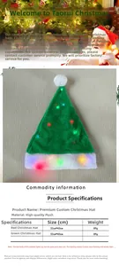 Fiche technique détaillée du bonnet de Noël lumineux en peluche verte, taille 32cm x 43cm