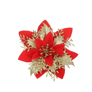Artificial Christmas poinsettia flower head with red petals and gold glitter accents