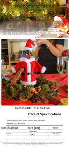 Detail of Santa Claus wine bottle cover in red fabric with plush trim and black belt