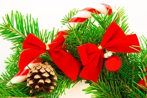Christmas set with red velvet bows, pine cones, and candy canes on fir branches