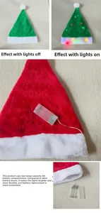 Bonnet de Noël LED en peluche avec comparatif d'effets lumineux et vue du boîtier piles