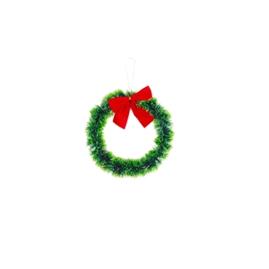 Green and white Christmas wreath with a large red bow on a clean white background