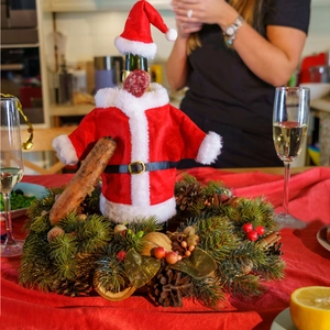 Christmas wine bottle dress set with red velvet dress and hat for holiday table decor