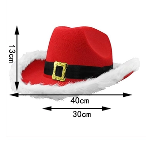 Detail view of red Christmas cowboy hat with white faux fur trim and size measurements