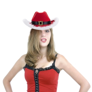 Red Christmas cowboy hat with white faux fur trim and gold buckle on a model