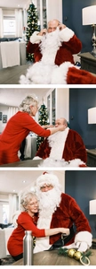 Detail of couple dressing in a Santa Claus costume with plush beard and red velvet jacket