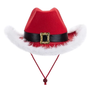 Red western cowboy Santa hat with white fur trim and adjustable chin strap