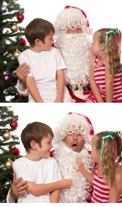 Santa Claus costume details showing wig and beard with kids by a decorated Christmas tree